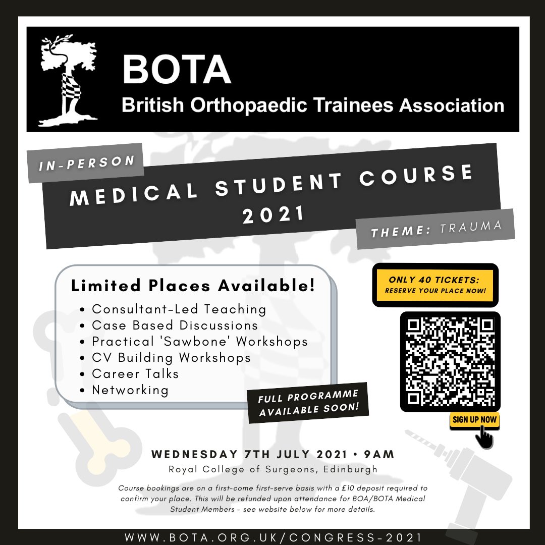 Calling ALL #MedStudents interested in #orthopaedics and/or #surgery!!

Excited to announce this year’s BOTA Medical Student Course happening IN-PERSON at our #BOTA2021 Annual Congress!!

Only 40 spots available! Reserve your place here: bit.ly/3fJhnlF

#orthotwitter