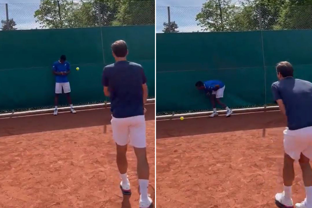 Roger Federer laughs after hitting Gael Monfils with low blow in video