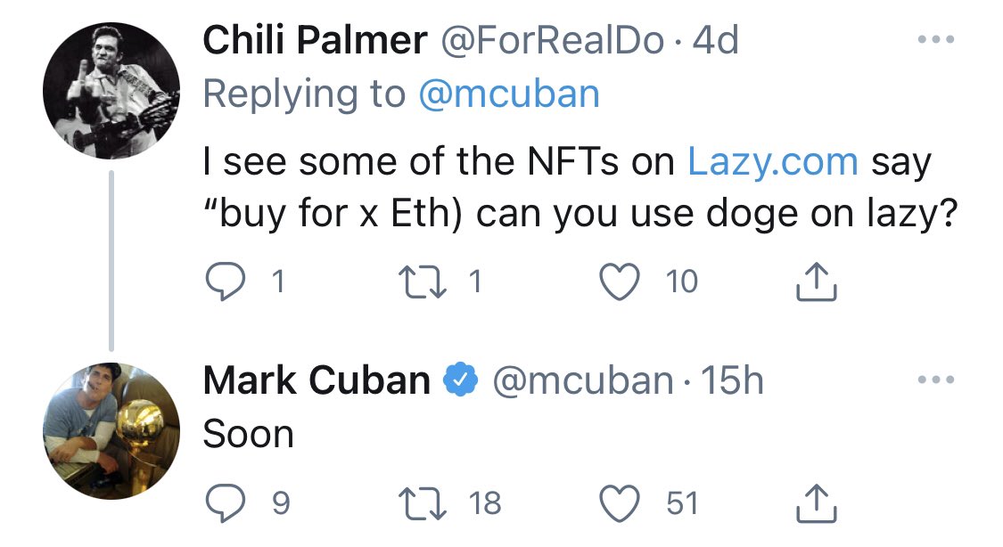TDogewhisperer's tweet photo. This is big news! Mark Cuban confirms you’ll soon be able to get NFT’s on https://t.co/CGfUZsC2fG with #Dogecoin 

Awesome to hear @mcuban ! https://t.co/fQUjZpTe8f
