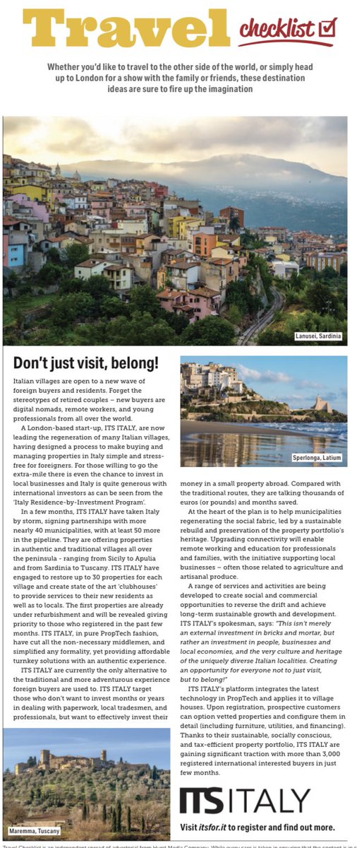 ITS ITALY featured on today's Travel Checklist on 
THE SUNDAY TIMES.

It's all about authentic lifestyle, community, regeneration of amazing buildings and... ITALY.

Don't just visit, belong!

#italy #lifestyle #borghi #regeneration #tuscany #maremma #lanusei #sardinia