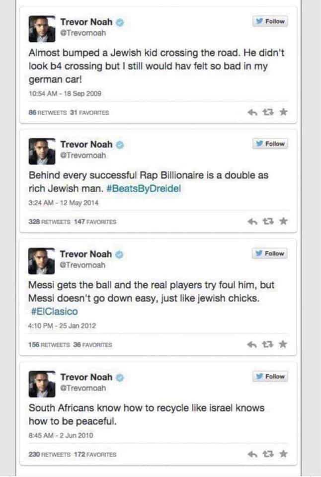 #comedycentral hope no Jews work for him. Cancel his show. This is unacceptable. If you go against asian hate, racism, etc you should go against any type of hate. Against Jewish Hate!!! #canceltrevornoah