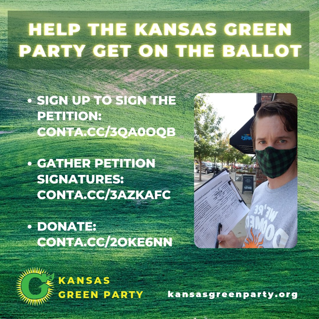 GreenPartyUS's tweet photo. Are you registered to vote in #Kansas? We need your help to get on the ballot!
Sign up to sign the petition: https://t.co/e5SDCuOv2z
Gather petition signatures: https://t.co/ZZURZyNZdF
Donate: https://t.co/S94Bf9vEVC
#GreenPartyForSystemChange https://t.co/VuUyQl9JAO