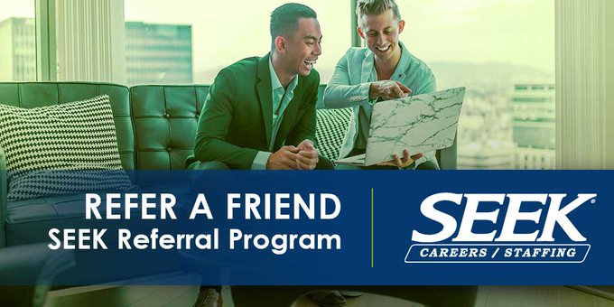 Do you know someone who is looking for work? Refer a friend and earn! Learn how to receive your #bonus from #SEEKCareers: bit.ly/3ufew9T