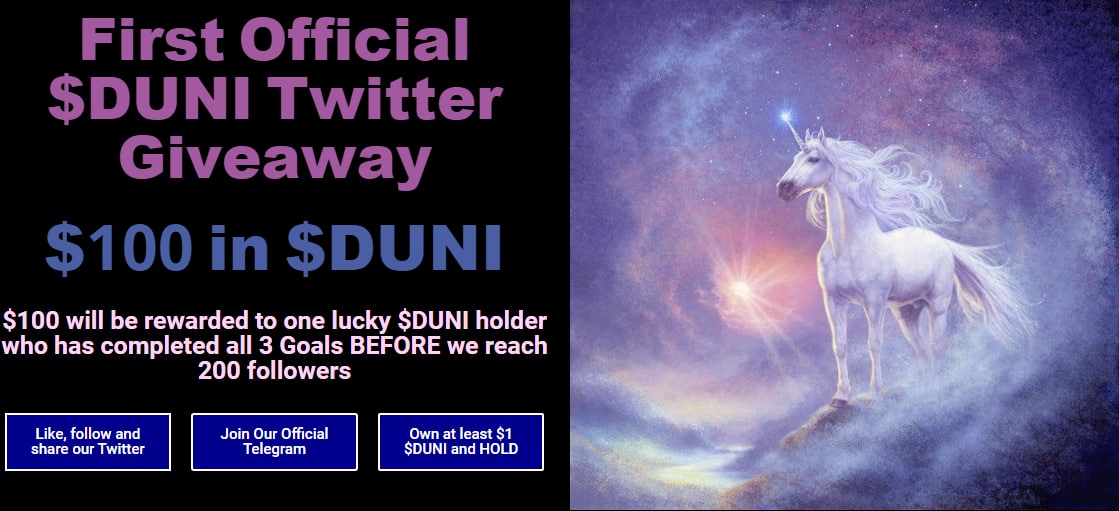 DUNIToken's tweet photo. First Official Promo! Goal is 200 followers!
#DUNI #crypto #promo #100DUNI https://t.co/cocamyxBot