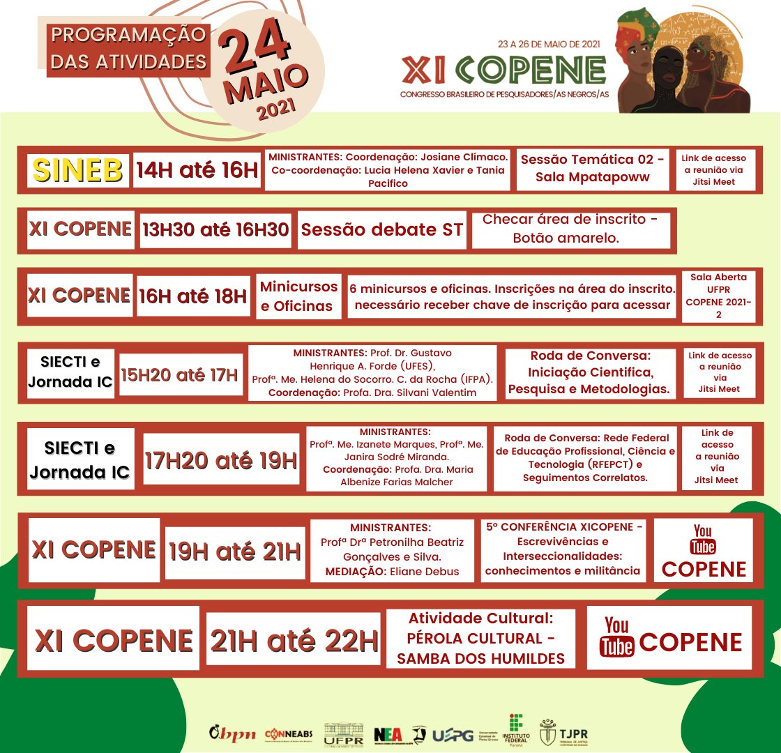 XICOPENE's tweet photo. XI COPENE já começou!

Programação 24/05, fiquem atentos em qual plataforma será feita cada transmissão.

#XICOPENE #COPENE2021 #CONGRESSO #CONGRESSOVIRTUAL #ABPN #SIECTI #SINEB https://t.co/9Hp8wN5PS9