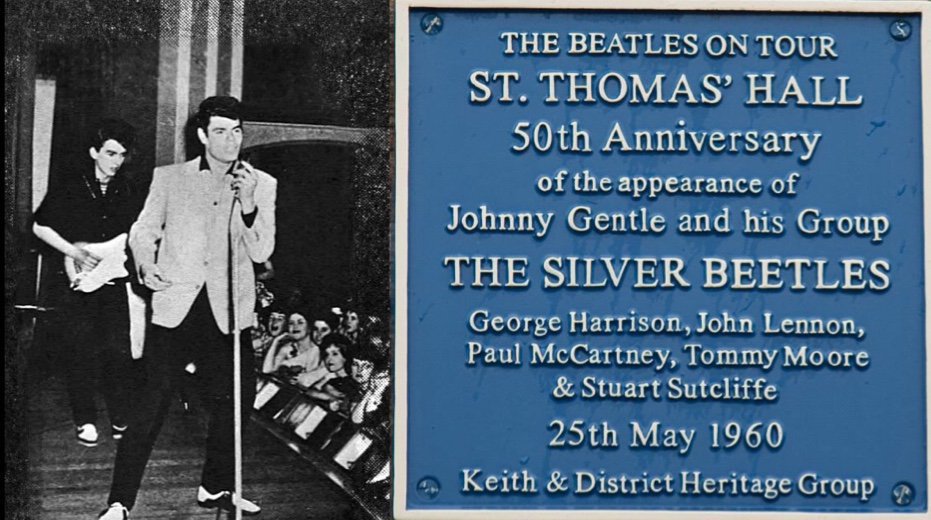 espofootball's tweet photo. #OTD May25,1960 The #SilverBeetles (John Lennon, Paul McCartney, Stuart Sutcliffe, Tommy Moore, George Harrison) continuing their tour backing singer #JohnnyGentle they perform at St. Thomas Hall, Keith, Banffshire https://t.co/UZp0J1HFGr
