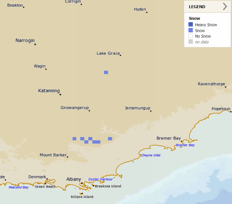 weather_wa's tweet photo. @drstip @2017Ferret @BigV2011WCE @Richard_Kreider @Sparrow_65 @baxlex @BunburyWeather @RKMac65 @paulmp @perthovalman @WendyBirdOZ @ManjitK6987 @ImTheOnlyAstro @Murk_Loar @Barnsy_Lisa @TheWAWG @aussie_robbob @ParmeliaWeather Snow Is Still Being Forecast For #Nyabing As Well As #BluffKnoll #StirlingRanges This Morning, The Last Time It Snowed At #Nyabing Was On August 22 2003 #Gnowangerup, #Ongerup, #Jerramungup And #LakeKing Also Recorded Snow That Morning. #GreatSouthern #PerthNews #WesternAustralia https://t.co/RdVHQMw1qb