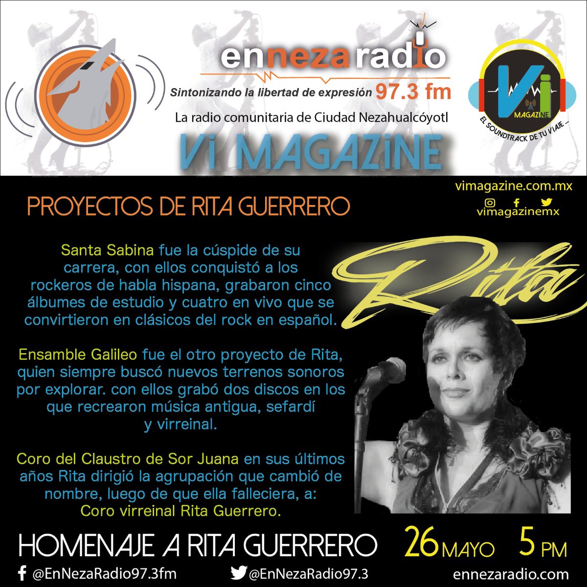 EnNezaRadio973's tweet photo. Rita llenó de teatralidad el rock mexicano, pues también estudió actuación.
No te pierdas el próximo miércoles el homenaje que En Neza Radio y Vi Magazine México preparamos sobre Rita Guerrero
#EnNezaRadio #SomosEnNezaRadio #RadioComunitaria #ViMagazine #RitaGuerrero https://t.co/Lxj7weRx5Y