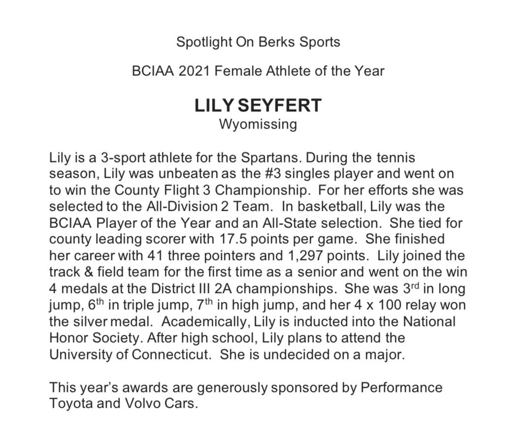 SpotlightBerks's tweet photo. Spotlight On Berks Sports
@BCIAASports 2021 Female Athlete of the Year
 
LILY SEYFERT
@Wyospartans 
@WyoAreaSD 
 
This year’s awards are generously sponsored by Performance Toyota and Volvo Cars. https://t.co/4IkDXAZ2uz