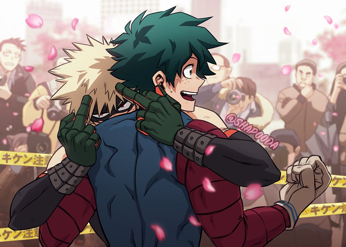 bakugou katsuki ,midoriya izuku multiple boys camera male focus blonde hair green hair freckles gloves  illustration images