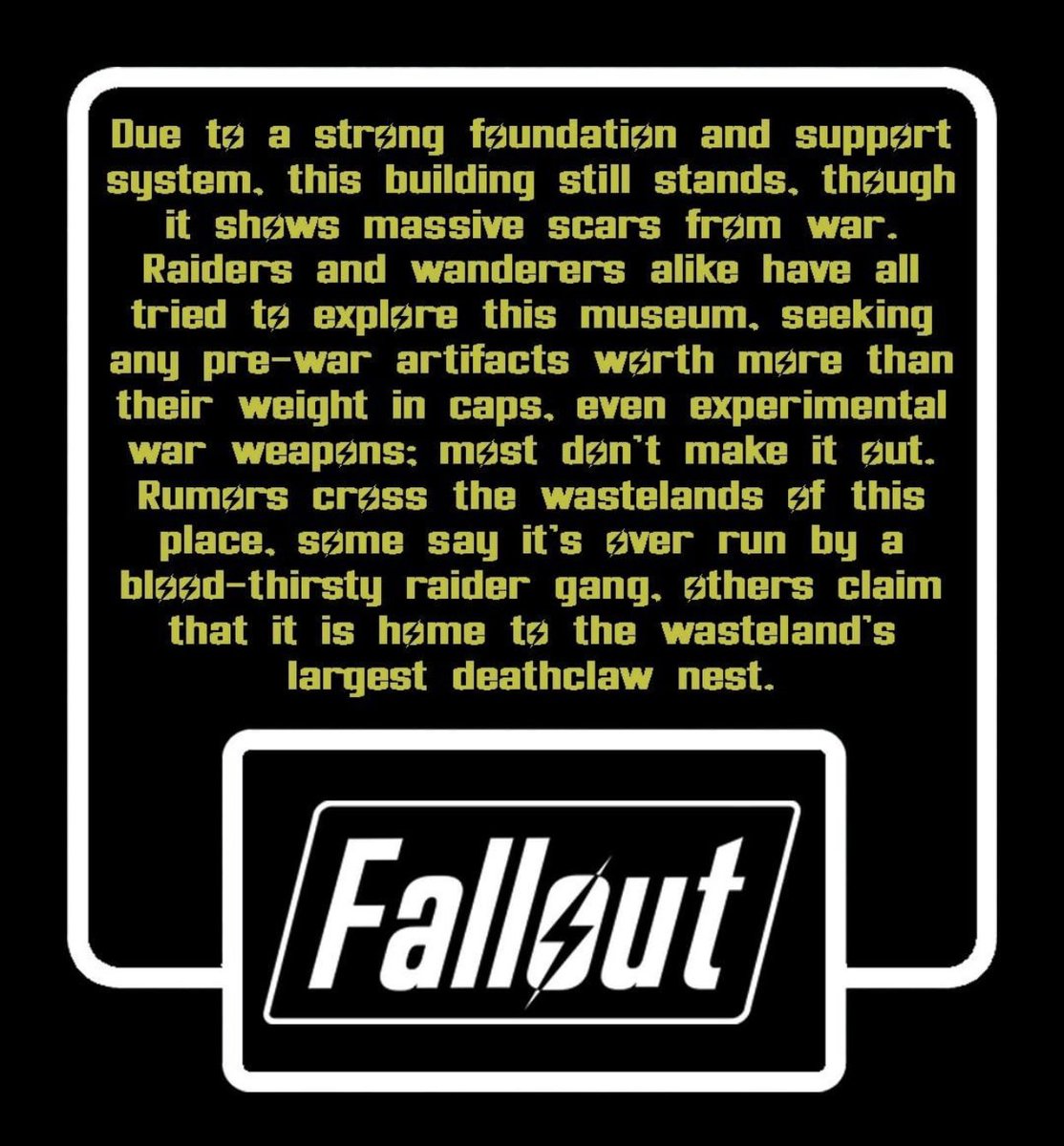 InitiativeOrder's tweet photo. Would you dare to enter the Museum of Astonishment? What do you think you would find? 

#fallout #ttrpg #scenesunday https://t.co/3o26dwpvcV