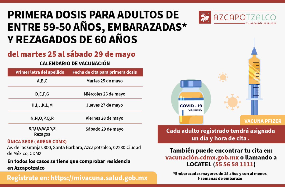 PcAzc's tweet image. Te recordamos que continúa la Jornada de Vacunación en #Azcapotzalco del martes 25 al sábado 29 de mayo en la Arena CDMX.