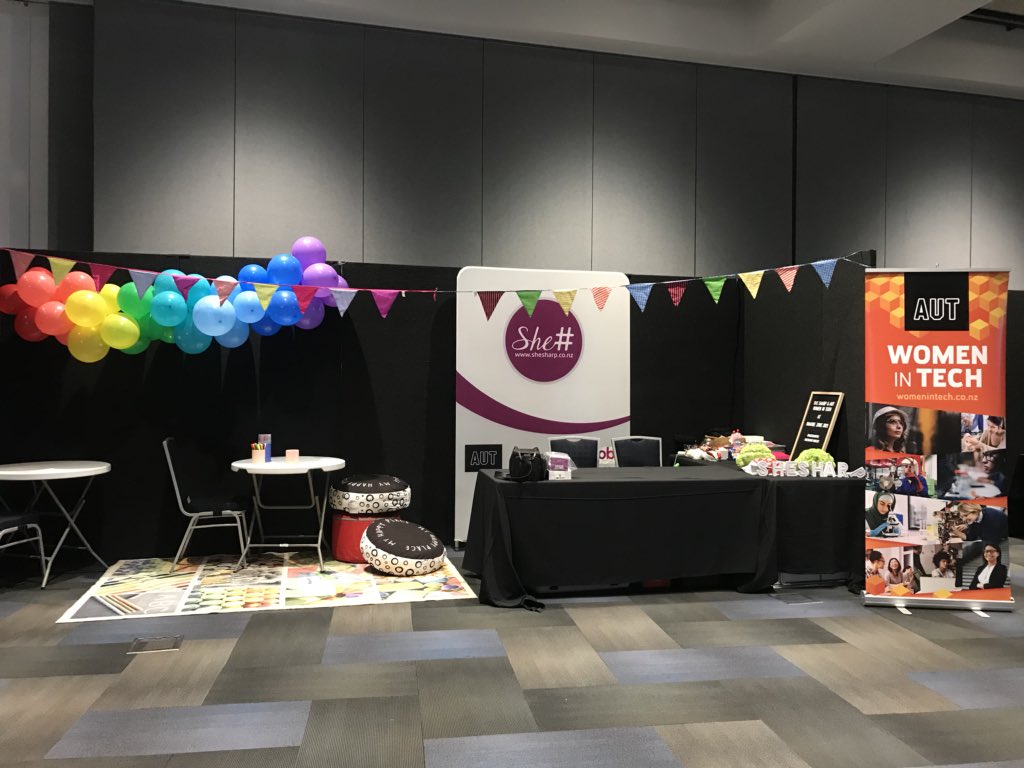 SheSharpNZ's tweet photo. Team She# is ready at TechSummit for @TechweekNZ at Vodafone Events Centre! 
We aspire to inspire and encourage as many students as we can to learn about technology! 
#tech21 #technology #techweeknz https://t.co/8FIO63dmFf