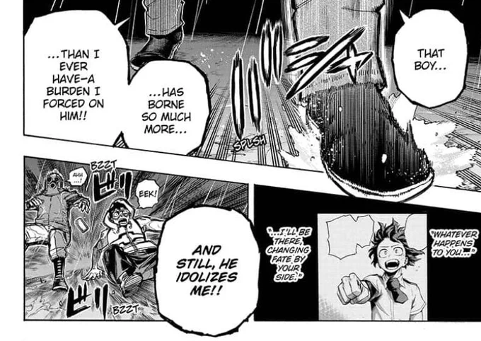 This actually makes me so emo bc i see this panel as everybody sees current All Might as only as a shell of his former self and only remembers the hero #1 All Might, but Deku while still idolizing/admiring the #1 hero All Might, he also does the same for Toshinori Yagi, the human 