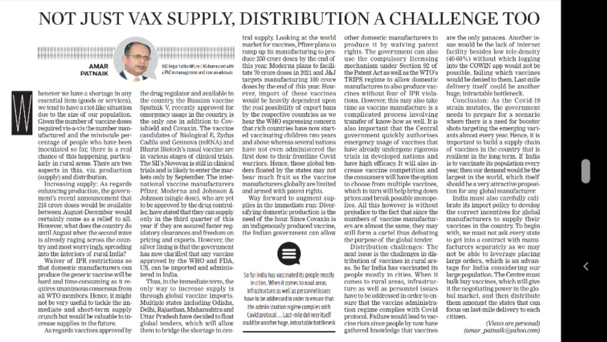 Amar4Odisha's tweet photo. I stated earlier, Central govt must procure vaccines centrally for greater negotiating power rather than states competing with each other.
We also need to diversify our domestic vaccine production immediately.
My article.
@MoHFW_INDIA
@PMOIndia
@CMO_Odisha
https://t.co/oJlIaGsIgh https://t.co/JP7H06c5ac