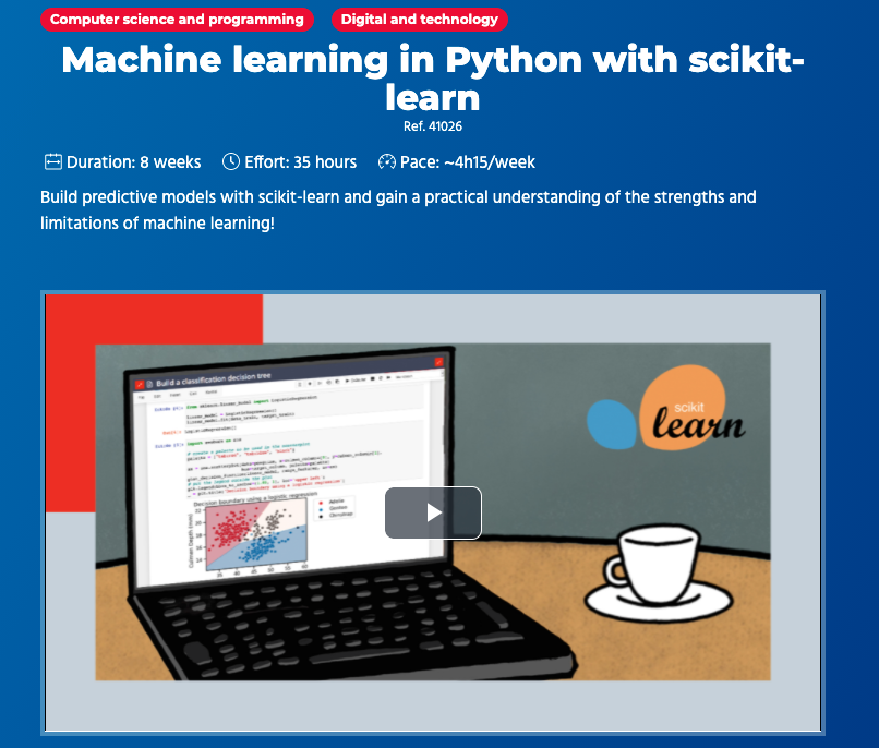 bitgrit_global's tweet image. Want to learn #scikit-learn? Now you can learn from the best 😎  

The developers of the sk-learn is teaching a new course:&quot;Machine learning in #Python with scikit-learn&quot; on Fun Mooc. #ScikitLearnMooc

Register now 💻  and start learning for 🆓 
fun-mooc.fr/en/courses/mac…