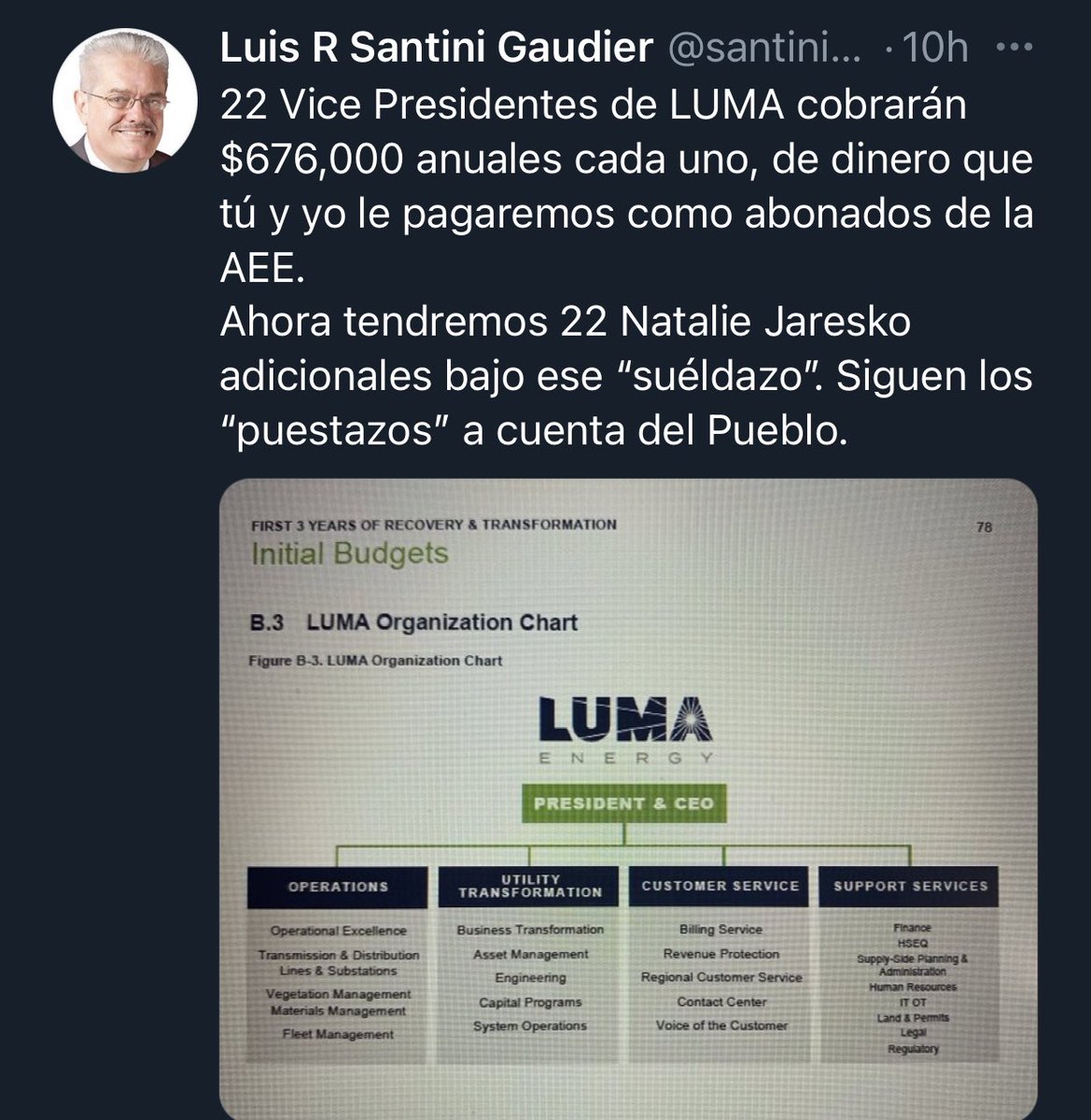 FueraLuma's tweet photo. Sueldazo decía @primerahora para ese entonces pero ahora no dice de los 22 vicepresidentes que va a tener luma. Cobrando 676k cada uno. Como dice @santinigaudier vamos a tener 22 jaresko en luma y la prensa no dice nada. Donde estará @jayfonsecapr @jayrayosx ?? @elleonfiscaliz1 https://t.co/fVN61FI11h