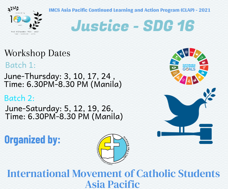 imcsprapc's tweet photo. #IMCSCLAP2021 ππ¨π«π€π¬π‘π¨π©
ππ¨π§πππ§ππ¬:
1. Concept of justice
2. Law vs Justice
3. Social, Political, Economic & Cultural justice
4. Catholic Social Teaching (CST)
5. Ensuring SDG 16
Registration Link: https://t.co/oS5IhNDAUc https://t.co/1TVLJaPXaY