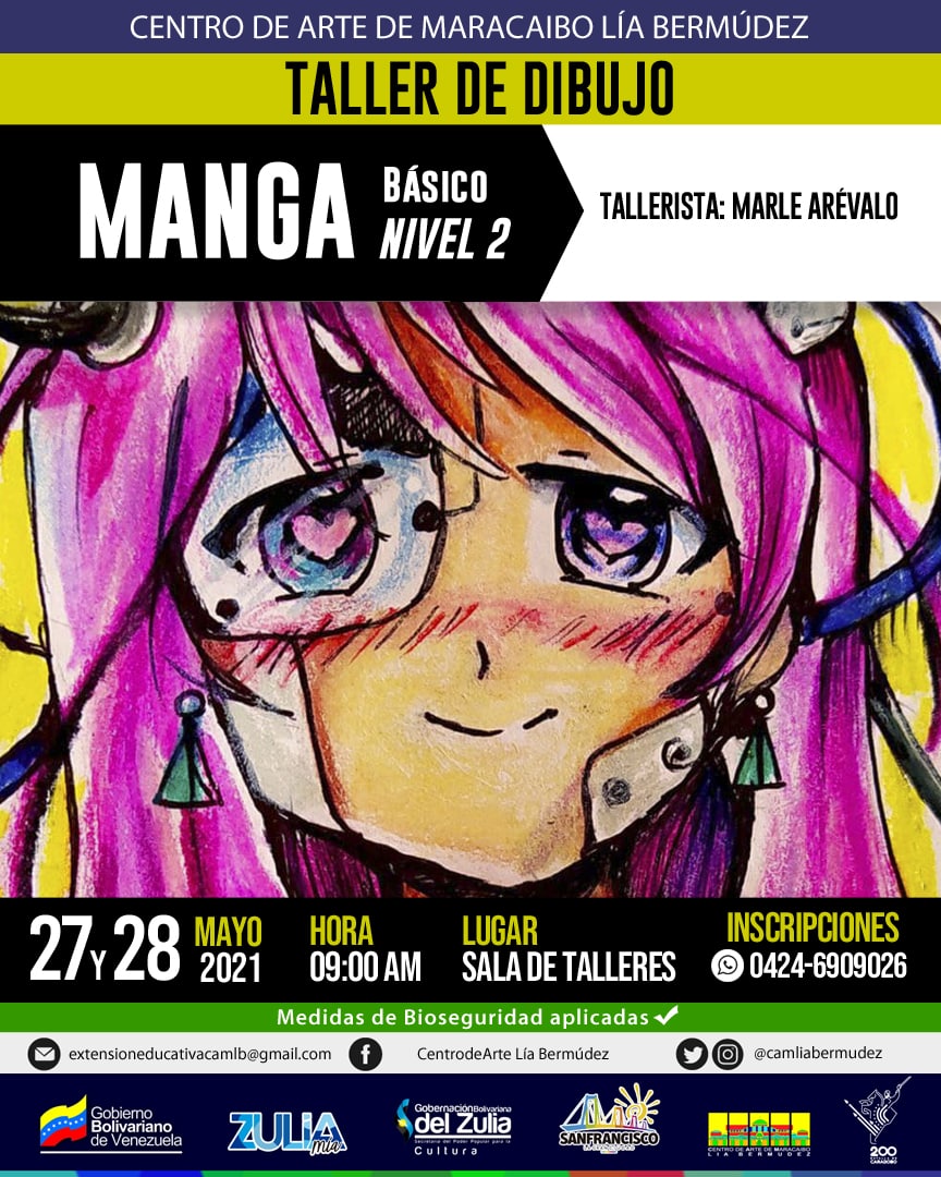 CAMLIABERMUDEZ's tweet photo. Éste jueves 28 y viernes 29 de mayo a partir de las 9 de la mañana, el Centro de Arte de Maracaibo Lía Bermúdez (CAMLB), te invita a participar en el Taller de 🎨 Dibujo Manga 🎨Básico Nivel II, dictado por la tallerista Marle Arévalo, desde la sala de talleres del #Camlb. https://t.co/kxeZHX9TQY