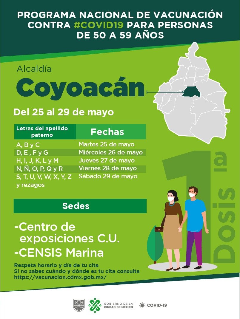 SofiaEnTuRadio's tweet photo. Del 25 al 29 iniciará la aplicación de la primer dosis de la vacuna a personas de 50 a 59 años que vivan en las alcaldías
#Tlalpan
#ÁlvaroObregón
#VCarranza
#Azcapotzalco
#BenitoJuárez
#Coyoacán
#MHidalgo https://t.co/JXqrrG2Roe
