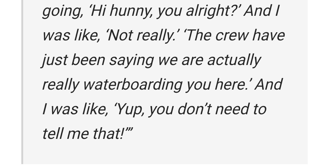 today, hannah waddingham described her experiences that were basically 10 hours of pure torture. they had being waterborded, that left her with no voice and with bruises all over. they also planned on her character to get tw// raped, it changed due to public backlash.