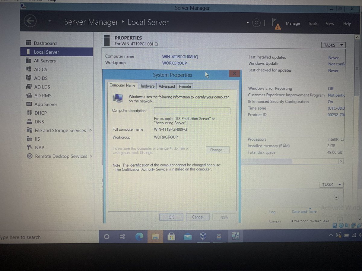 MohammedITAli's tweet image. If you cannot change the computer name in windows server, all you need to remove the certification authority service. You can install this service later. #windows_server_2012