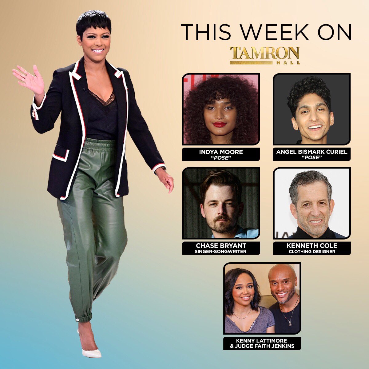 TamronHallShow's tweet image. THIS WEEK ON “Tamron Hall”:

MON: A daytime exclusive with stars of @PoseOnFX, Indya Moore and @angelbcuriel
TUES: @chasebryant and @kennethcolereal
WED: Inspiring graduation stories
THURS: Tamron’s Ultimate Barbecue Bash!
FRI: @kennylattimore and @JudgeFaith 

Joins us!