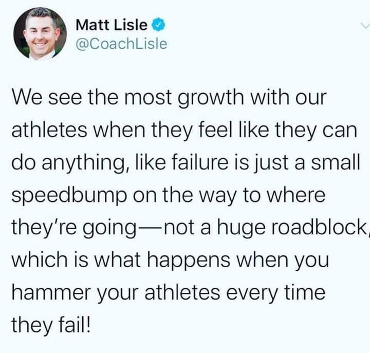 Trent Mongero (@coachmongero) on Twitter photo This is the “secret sauce” to coaching winning teams & winning championships... maximizing game performance. Unfortunately, pressure &/or personality can cause coaches to “hammer” players. This promotes tension/pressure. Ultimately stealing the joy of playing.
1 of 2
<a href="/CoachLisle/">Matt Lisle</a> This is the “secret sauce” to coaching winning teams & winning championships... maximizing game performance. Unfortunately, pressure &/or personality can cause coaches to “hammer” players. This promotes tension/pressure. Ultimately stealing the joy of playing.
1 of 2
<a href="/CoachLisle/">Matt Lisle</a>