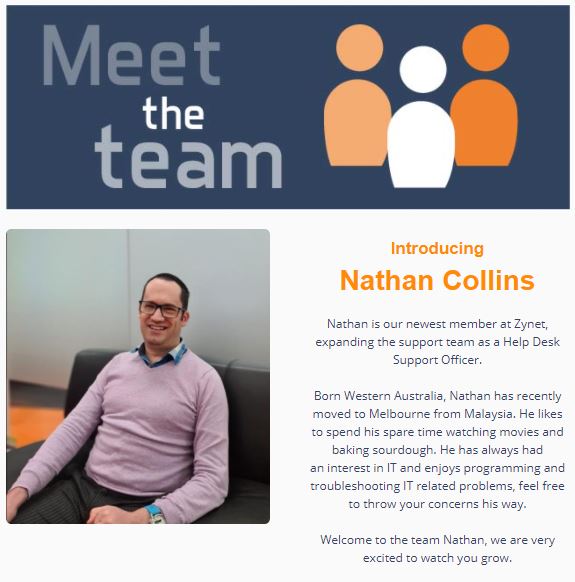 Zynet_IT's tweet photo. We are excited to introduce Nathan our latest member to our growing Zynet team. 
Nathan will be joining our support desk shortly. 
Welcome to the team Nathan! 

#managedservices #cybersecurity #growingbusiness #supportlocalbusiness https://t.co/vFx2lBwDhu