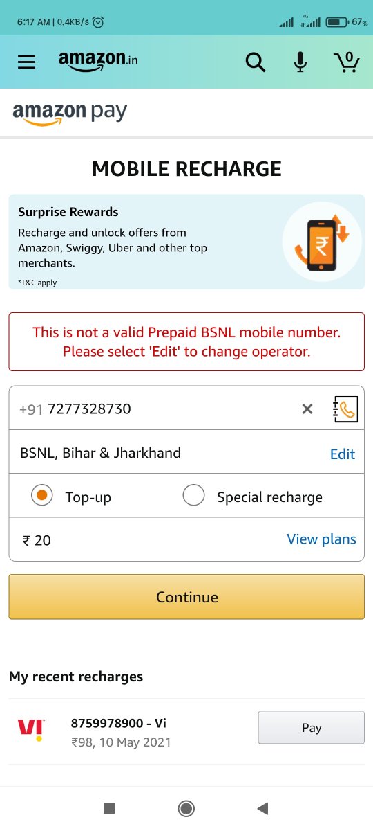 1kkverma's tweet photo. @amazonIN @AmazonHelp @amazonpay @BSNLCorporate @TRAI 
Please Amazon help me out. 
Mera बीएसएनएल ka mobile phone no. है, but Amazon pay पर no गलत bta rha h. Mujhe urgent Recharge krna h अपना mobile. 
Please 🙏 update your pay 💰 System. https://t.co/BsFFK34ted