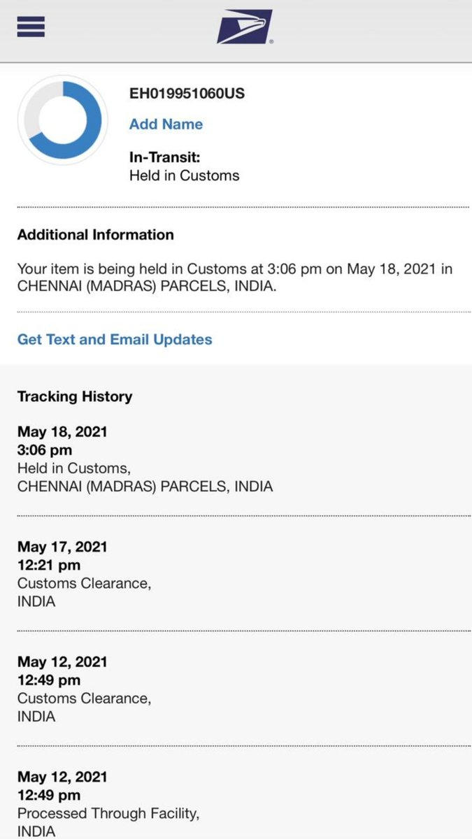 Sir, My medicines packet held <a href="/chennaicustoms/">Chennai Customs</a> for the past one week. They have not delivered the packet sofar. Kindly help me in delivering the packet no : EH019951060US
<a href="/CMOTamilnadu/">CMOTamilNadu</a> <a href="/mkstalin/">M.K.Stalin - தமிழ்நாட்டை தலைகுனிய விடமாட்டேன்</a>