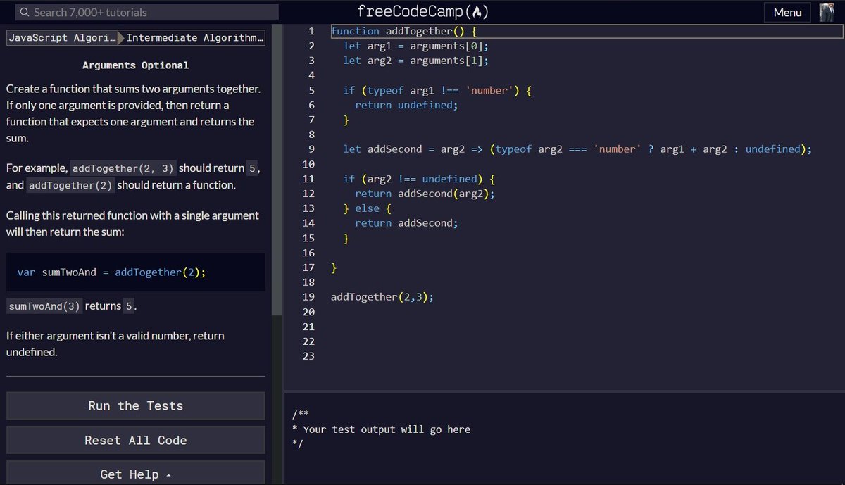 cpu_programmer's tweet image. Passed the "Arguments Optional" #freeCodeCamp challenge.
I'm almost done with this #JavaScript certification! 🤩