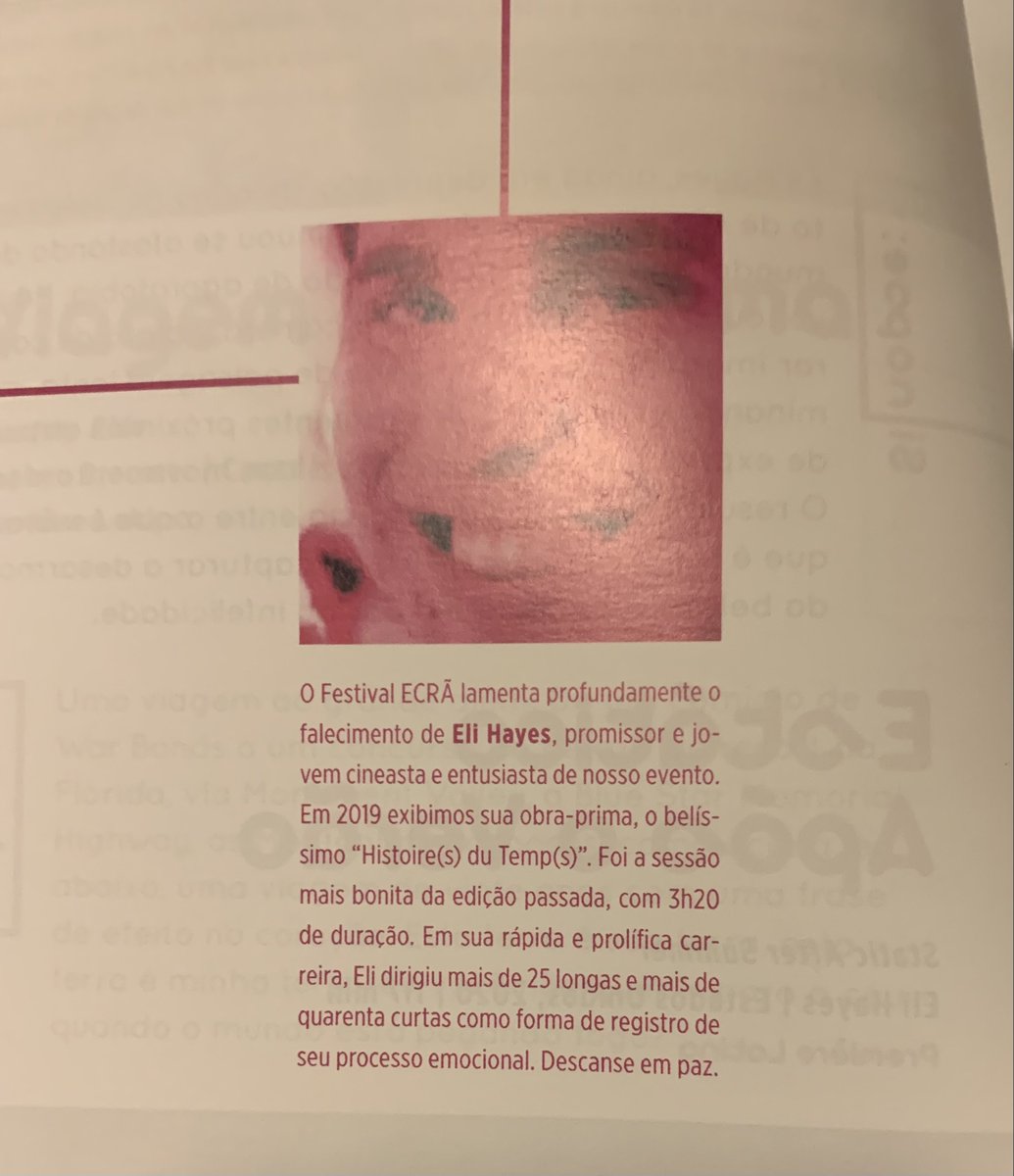 EcraFestival's tweet photo. Um ano sem Eli Hayes. Aqui a nossa homenagem no catálogo da quarta edição do #festivalecrã. #RipEli https://t.co/MvwR2DKuXQ