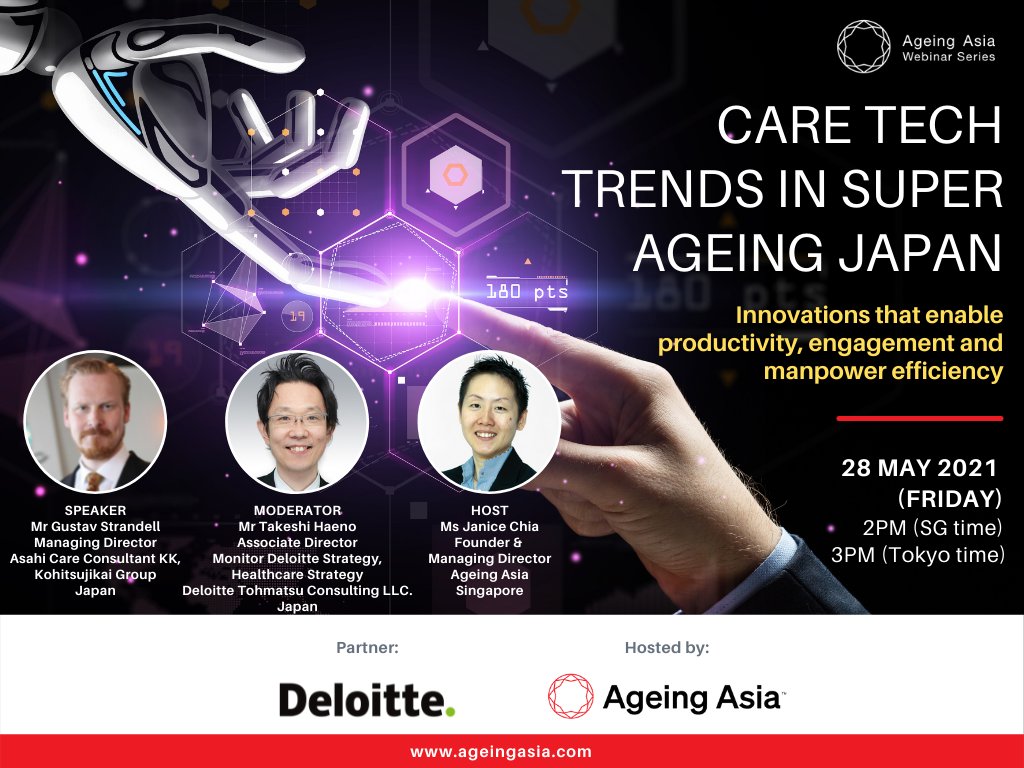 #Caretechnology opportunities driven by the #longevityeconomy in #Japan, landscape of the #caremarket and insights gained from post-covid recovery - that's what we will be discussing at this Friday's webinar. Join us. Register at …s-in-super-ageing-japan.heysummit.com