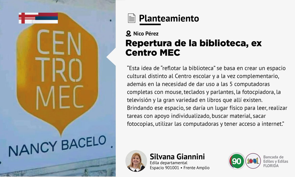 lista901001's tweet photo. #Planteo La edila Silvana Giannini planteó que se reabra el ex Centro MEC de Nico Pérez para aprovechar los recursos, como por ejemplo el acceso a internet y utilizar las computadoras, en tiempos de educación virtual.
Lee el planteo de forma completa aquí: https://t.co/jnwAiVHwHi https://t.co/1py6E4Fw82