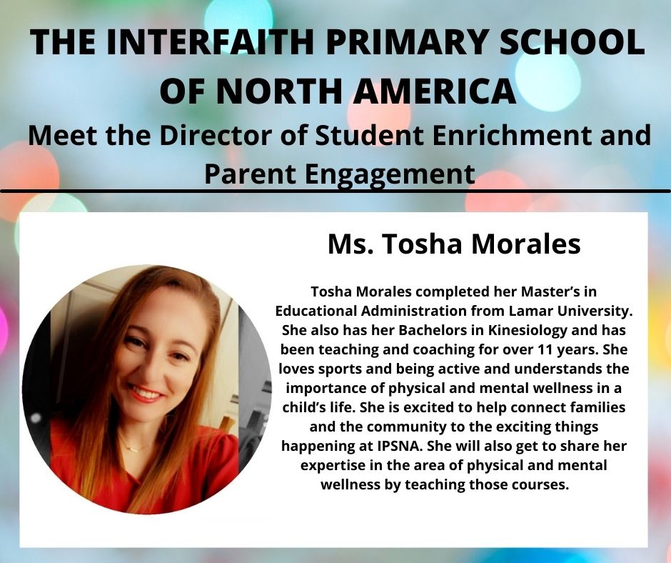 Introducing the Director of Student Enrichment and Parent Engagement at the Interfaith Primary School of North America-Washington DC. 

Please like and follow:

Facebook: facebook.com/ipsnadc
Instagram: @ ipsnadc   
Website: ipsofna.org