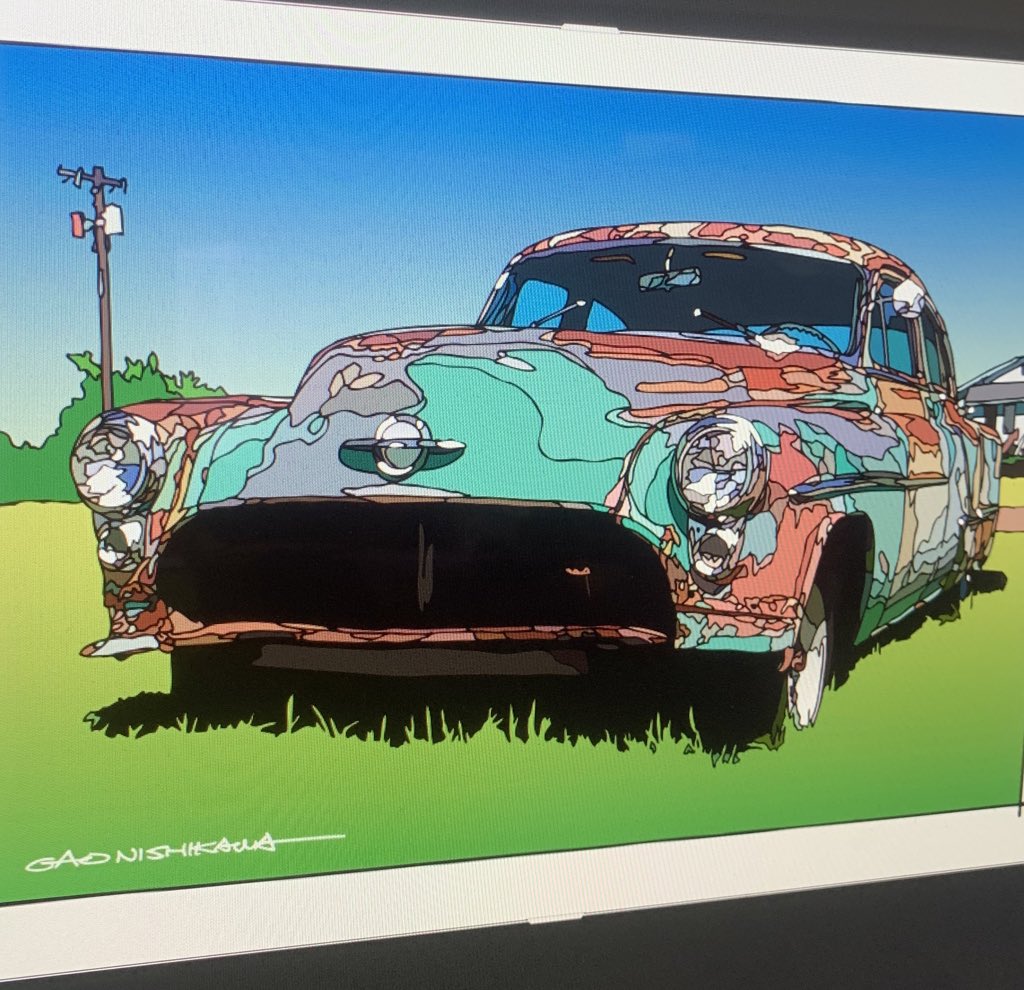 西川雅生 ルート66の路傍の風景 50 Sのオールズモビルの剥げかけたペイントとサビが 美しいパッチワークのよう Gaoニシカワ Gaonishikawa イラスト オンザロードマガジン Ontheroadmagazine Roadtrip63 Gao西川 ルート66 Motherroad アメ車