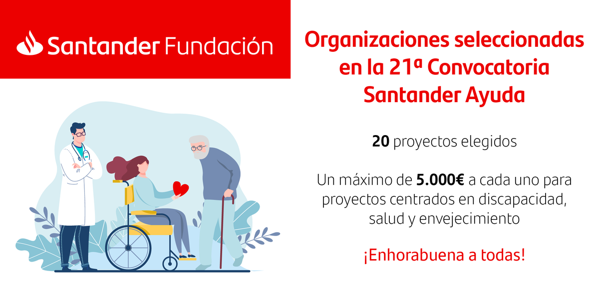 📢 ¡Ya sabemos las entidades seleccionadas de la 21ª convocatoria #SantanderAyuda! 20 #ONG con proyectos centrados en discapacidad, salud y envejecimiento que busquen paliar los efectos de la #COVID19 en colectivos vulnerables. ¡Enhorabuena a todas! bit.ly/3oJ29RG