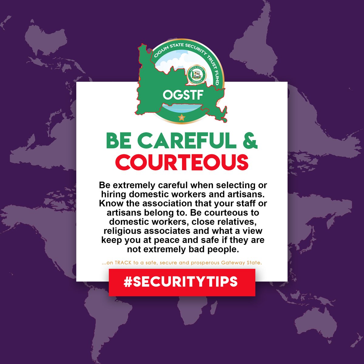 OGSTFofficial's tweet photo. Be courteous to domestic workers, close relatives, religious associates and what a view keep you at peace and safe if they are not extremely bad people.

#securitytips https://t.co/wlY9LbzyAU