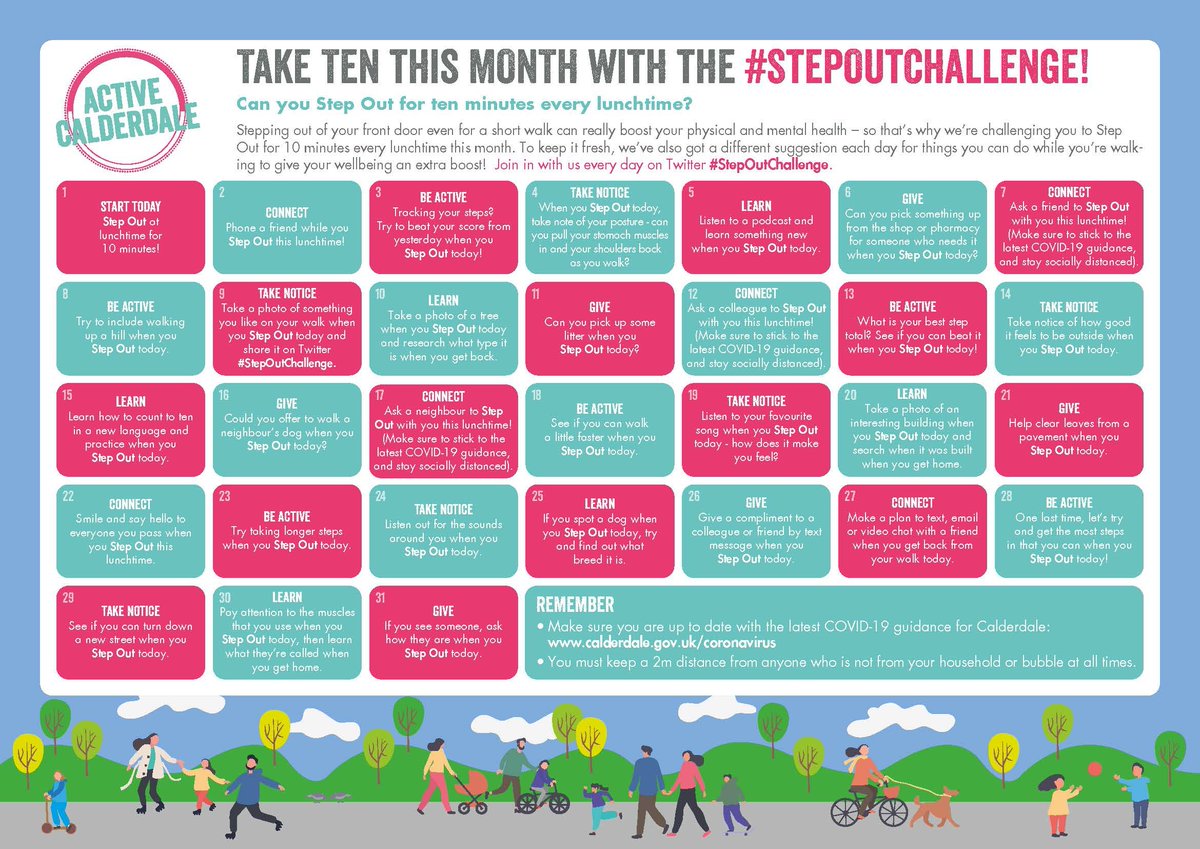 ActiveCdale's tweet photo. This #NationalWalkingMonth, take some simple steps to strengthen your physical and mental health.
Try out our #StepOutChallenge! All you need is our ready-made calendar, and to step outside for a 10-minute walk each day for a month.
Why? Find out here👉https://t.co/iRc77MJ3ue https://t.co/vPVrld5k8w