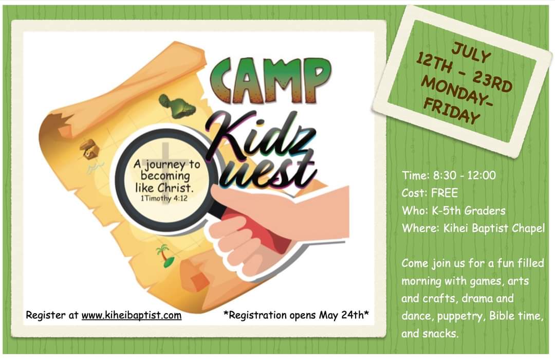 KiheiBaptist's tweet photo. Camp Kidz Quest registration begins tomorrow. To register visit https://t.co/8Pgt4X7c7L
#kiheibaptist #kidzquest #kiheimaui #summerfunforkids #freesummerkidzquest https://t.co/ZwkdNLEgHv