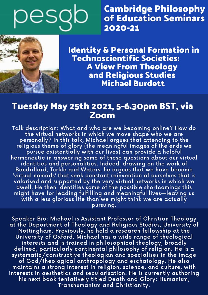Farah Ahmed (@dr_farah_ahmed) on Twitter photo Do join us for our final <a href="/CamEdFac/">Faculty of Education, University of Cambridge</a> <a href="/PhilOfEdGB/">PESGB</a> seminar of this academic year. Michael Burdett is exploring technology and identity formation. An incredibly timely and important topic. Hosted by <a href="/StudiesPgce/">Cambridge Religious Studies PGCE</a> <a href="/nomishakurian/">Nomi</a> Register at eventbrite.com/e/cambridge-ph… Do join us for our final <a href="/CamEdFac/">Faculty of Education, University of Cambridge</a> <a href="/PhilOfEdGB/">PESGB</a> seminar of this academic year. Michael Burdett is exploring technology and identity formation. An incredibly timely and important topic. Hosted by <a href="/StudiesPgce/">Cambridge Religious Studies PGCE</a> <a href="/nomishakurian/">Nomi</a> Register at eventbrite.com/e/cambridge-ph…
