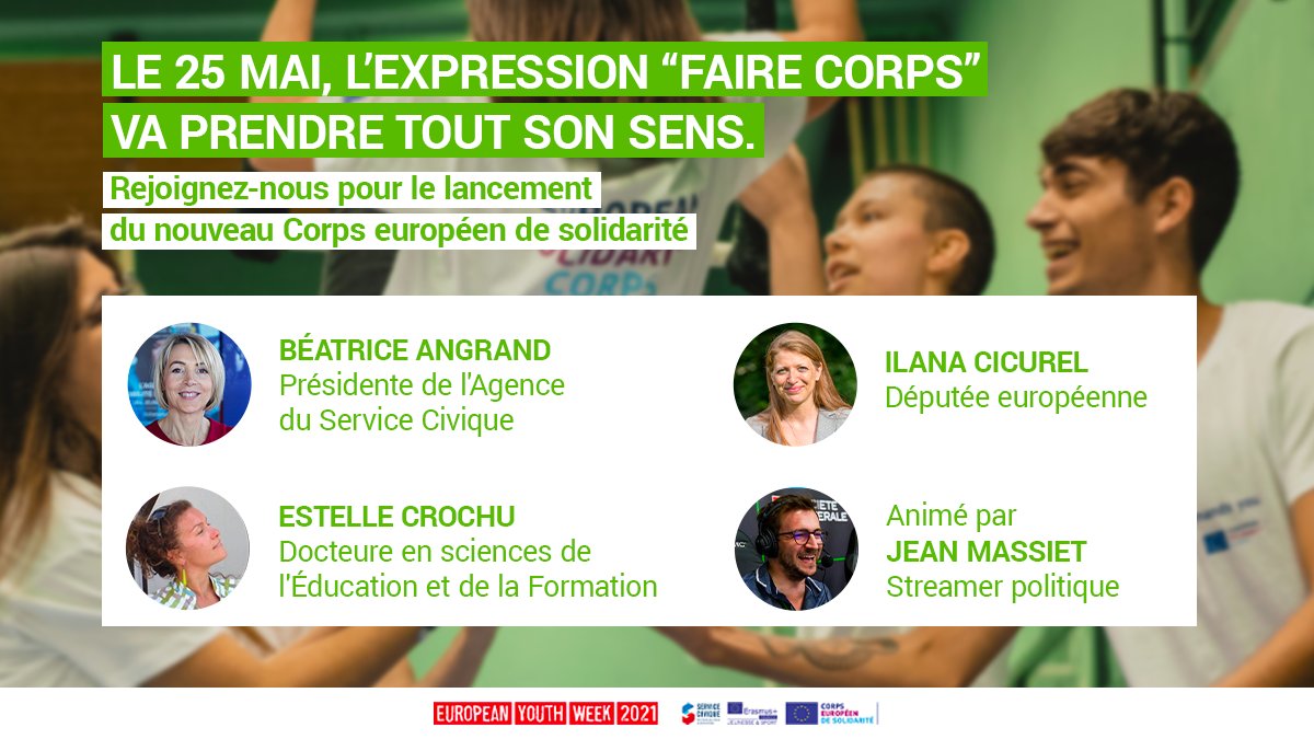 Rendez-vous le 25 mai prochain pour le lancement du nouveau Corps européen de solidarité : tables rondes, présentation du programme, rencontres et témoignages des structures, volontaires et bénéficiaires du programme.
Participez au live via ce lien 👉  youthweek.service-civique.ovh/index.html