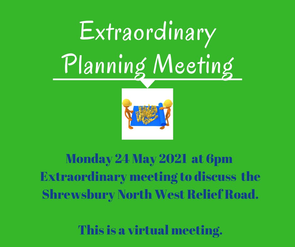 The <a href="/ShrewsburyTC/">ShrewsburyTC</a> Planning Committee will be having a virtual extraordinary meeting tonight at 6pm to discuss the Shrewsbury North West Relief Road. Please use this link to view the full agenda and listen to the live meeting buff.ly/3bmVoQu