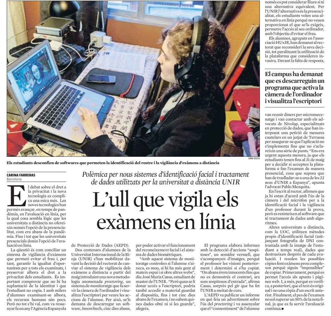 Jordi Sopena (@jordisopena) on Twitter photo Article de la <a href="/cfdeh/">Carina Farreras</a> sobre la polèmica al voltant dels nous sistemes d'identificació facial de la <a href="/UNIRuniversidad/">Universidad Internacional de La Rioja (UNIR)</a> Article de la <a href="/cfdeh/">Carina Farreras</a> sobre la polèmica al voltant dels nous sistemes d'identificació facial de la <a href="/UNIRuniversidad/">Universidad Internacional de La Rioja (UNIR)</a>