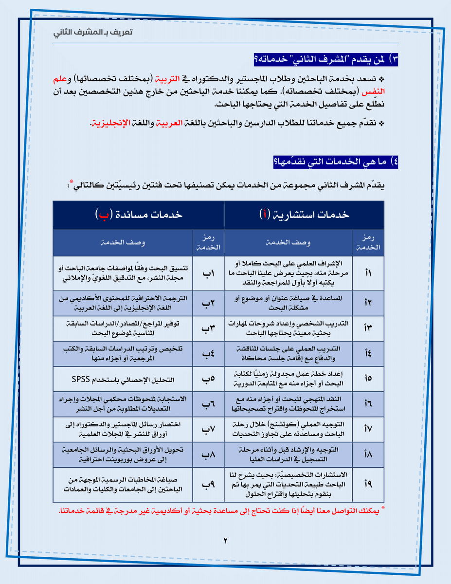 2ndSupervisor's tweet image. بسم الله الرحمن الرحيم 
 
نبدأ تقديم خدماتنا البحثية والأكاديمية في #المشرف_الثاني لطلاب الدراسات العليا كما هو موضح في الصور المرفقة وعلى الرابط التالي:
f-t.site/SSabout1
.
للتواصل عبر واتسآب:
f-t.site/SSwhatsapp1
كما نسعد بتواصلكم على الخاص للاستفسار وطلب الخدمات.