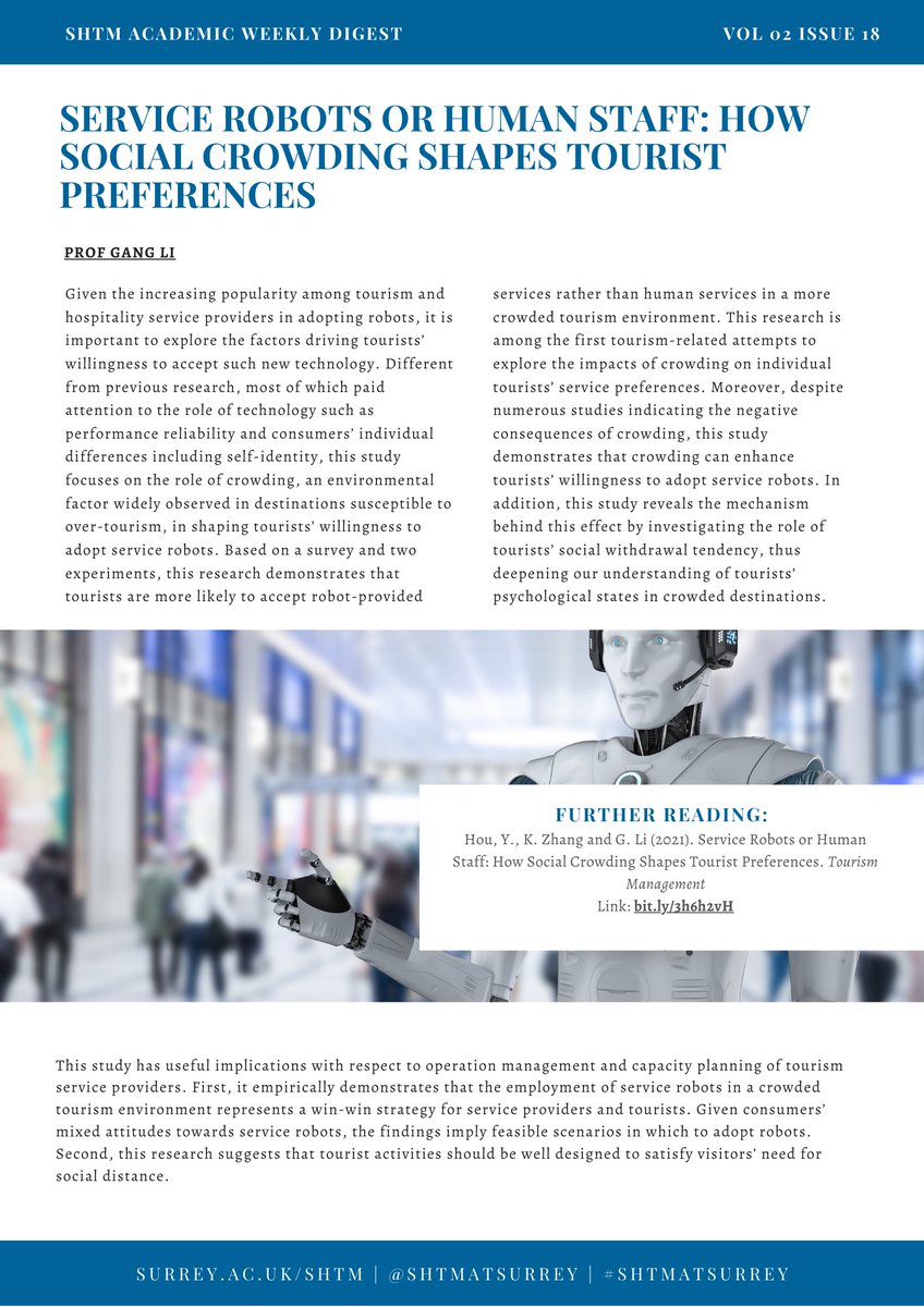 SHTMatSurrey's tweet photo. Do tourists prefer service #robots or human staff? Prof Gang Li &amp; co. looked into this issue in light of social crowding. The study has implications for tourism service providers on operation management and capacity planning. 

#SHTMatSurrey #TOURISMatSurrey #WeeklyDigest https://t.co/4JjpXSYbsy