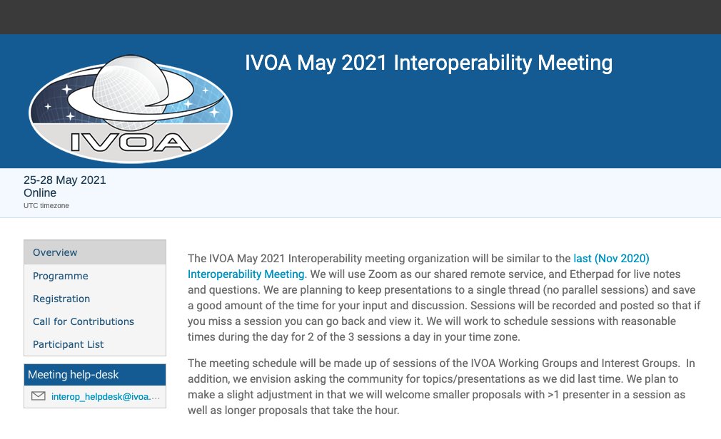 The Northern Spring 2021 #IVOA interoperability (virtual) meeting starts this week! Kick-off starts later today with introductions for newcomers on IVOA basics and examples, sponsored by the Education Interest Group. Join us at 20:30 UTC! #IVOA21virtual
indico.ict.inaf.it/event/1441/