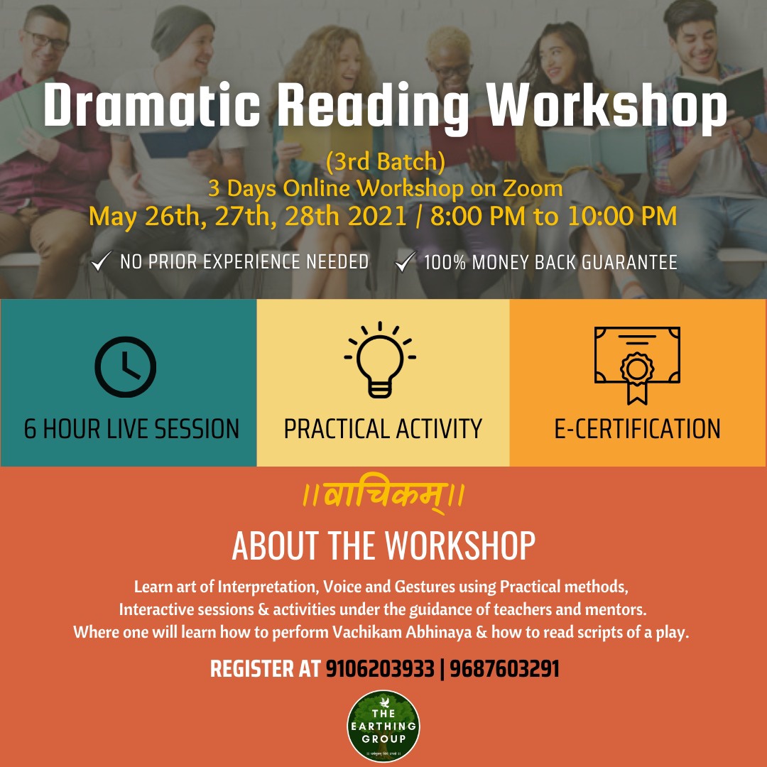 The_Earthing's tweet photo. Register today in our Intense "वाचिकम्" Workshop.Learn art of Interpretation,Voice&amp;Gestures with practice https://t.co/50lW9u1X5a is an Online Event organized under"ONLINE THEATRE SCHOOL"with the faculties like Praful Panchal &amp; Chirag Parekh. #DramaAlert #theatre #Acting #NSDnow https://t.co/hH0OqqcELn