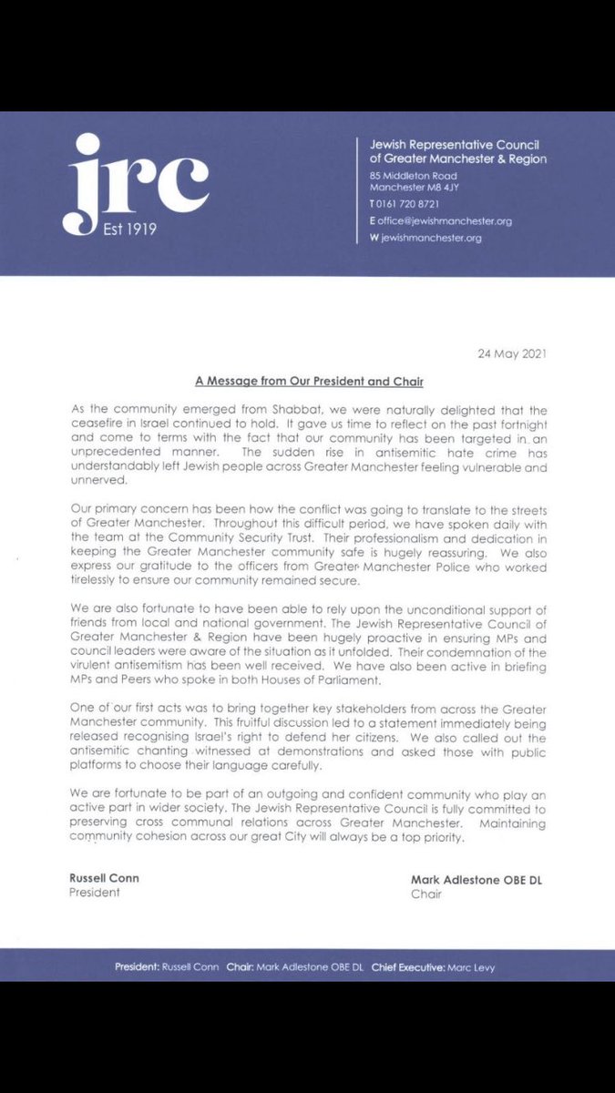A message from the President and Chair of the Jewish Representative Council of Greater Manchester &amp; Region.
